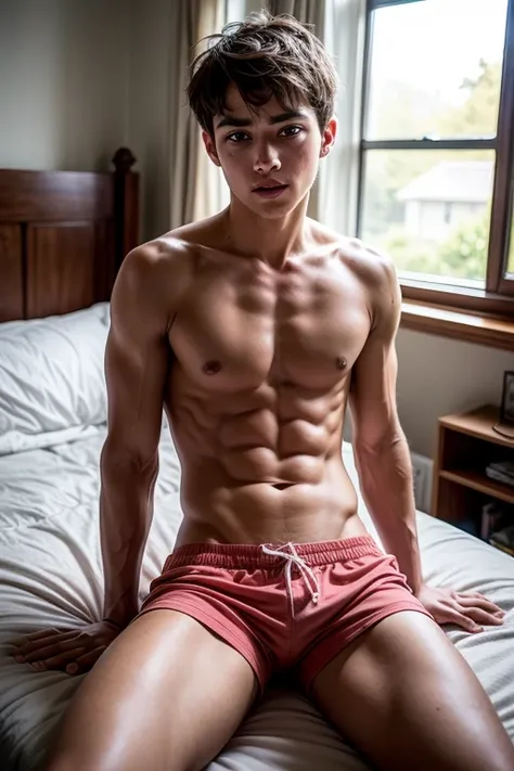 Portrait of a 17-year-old boy, on his knees, small shorts, pink shorts, tank top, pink room, stuffed animals, focus on the boy, supportive pose, open legs, sensuality, seducing the viewer, looking at the viewer, symmetrical body, perfect body, realimo, rea...