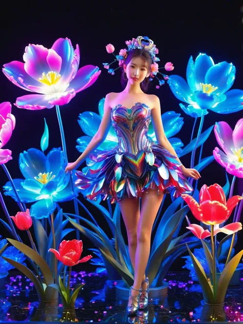 (3D，Mechanical feel，cute，ais-scrapyrd 1girl，tulip)，(使用广角镜头拍摄whole body图像:1.9)，(masterpiece:1.1)，(Highest quality:1.1)，(HDR:1.0)，Ambient Light，Ultra high quality，(Ultra-detailed original illustrations)，(1 Girl，whole body)，(Rainbow Skirt)，(Slender thighs)，(由...