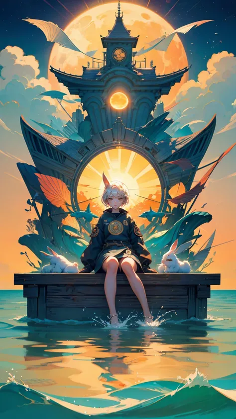 A beautiful cute girl sitting on an old wooden box fishing in the sea, surrounded by fish with "kitsune" and small rabbit logos, holding onto a big yellow sun that shines brightly over the water surface. The words NYC Creek and the logo of K Executioner ca...