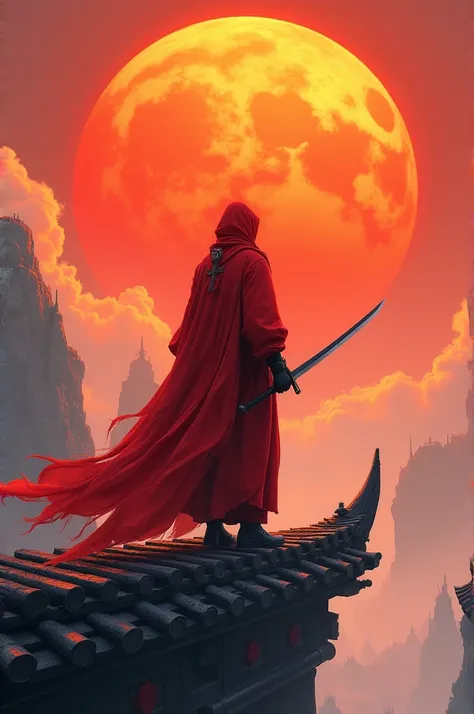 A red-clad swordsman stands on a floating roof，Behind him is a huge sun