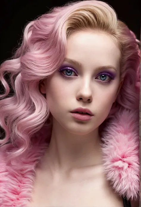 (((ultra realistic))) Photo, masterpiece, top quality, (Pale skin), (Ultra detailed face and eyes...:1.2), 1 girl, adult, ((naked, ((very heavy eye makeup, pink mascara)), ((labios falses detallados)), ((pink wavy fur)), ((stylish hairstyle)) , (({huge|gig...