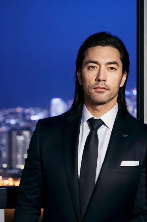 (absurdres, highres, ultra detailed, realistic, ), 1 male, solo, adult, mature, tall muscular guy, broad shoulders, handsome, very long hair, black hair, brown eyes, angular jaw, thick neck, thick eyebrows, night, dark, the night view of the city backgroun...