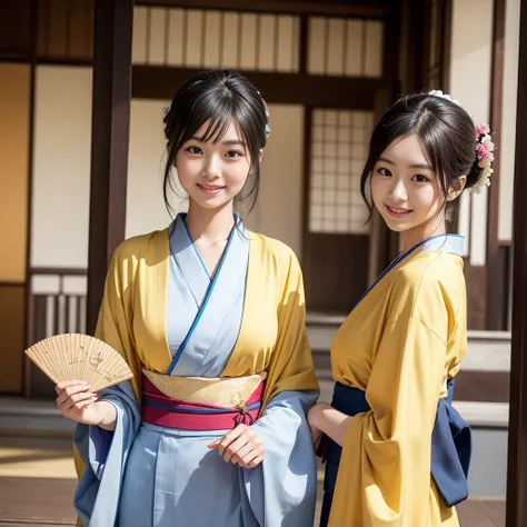 The upper body of a Japanese woman wearing a cream-colored kimono。She was holding a fan in one hand.、The other hand is lightly placed on。A smile and beautiful kimono decorations combine、Creates an atmosphere of elegance and sophistication