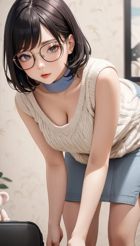 (Masterpiece), (8k size wallpaper), (top quality), Caustics, Detiled, 😜American Adulterous Wife Specializing in Gravure Top Model Private, knit clothing, loose knit sweater, bewitching, gravure pose, glasses, 20s baby face, bra glimpse, bra visible through...