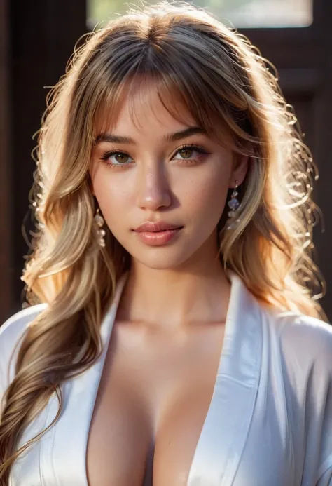 realistic photo, photo of a young girl aged 18, 1girl, solo, mixed-race woman, Instagram model, long hair, sandy blonde hair, crossed bangs, wavy hair, toned body, huge 36DD breasts, light freckles on face, pale skin, perfect lips, cute face, baby face, po...