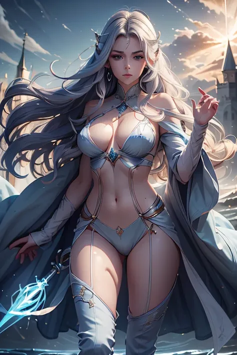 Professor Elowen Mistralight, a 25-year-old elf woman, medium height and delicate elf with silver hair, mysterious and penetrating light blue eyes, He wears a robe with patterns of wind and water, tight light blue fabric pants, long, with navy blue riding ...