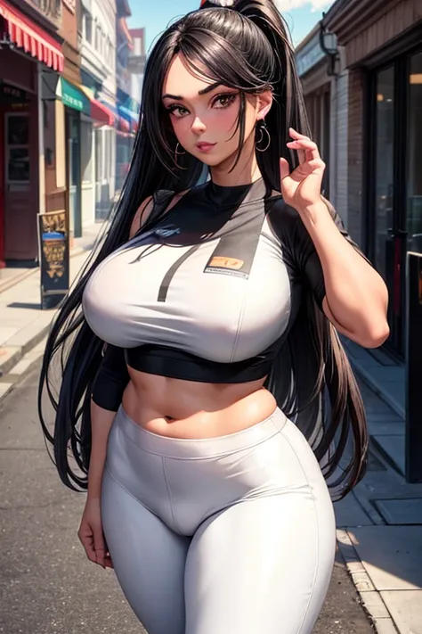 Frankie, solo, 1girl, Caucasian woman, late 30s, very long straight black hair, high ponytail at back, overweight, chubby, very large heavy breasts, fake tan, heavy eye shadow, mascara, fitted crop top, white leggings, vending over