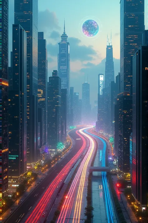 Emotion-Colored Metropolis:
"Futuristic cityscape viewed from above, with sleek skyscrapers of glass and metal. The entire city changes colors based on emotions: joy is bright yellow, sadness is deep blue, anger is red, and peace is green. Streets and walk...