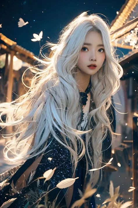 Crouching in the air、beautiful girl、Feathers fluttering、Full Body Shot、Shortcuts、Soft and fluffy、ephemeral、Starry Sky、Night view、whole body、Beautiful Hair、White skin、girl、universe, streaked hair, white hair, medium hair, mole under eye, heart-shaped pupils...