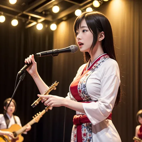 On a traditional Japanese stage、A scene of a Japanese female vocalist performing in traditional Japanese clothing。She wears a beautiful dress、With classical instruments、She showcases her emotional singing voice。The stage is decorated in a Japanese style.、A...