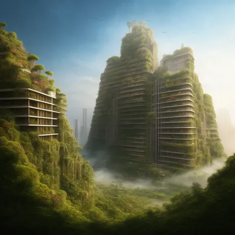 A world without humans、The city is being engulfed by plants、ruins、Animals roaming、Tall buildings are collapsing