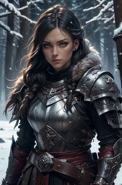 1girl, (warrior), winter clothes, (blood on face:0.8), (norse:1.1),intricate, fur, shoulder armor, , long hair, (eyeliner:1), wi...