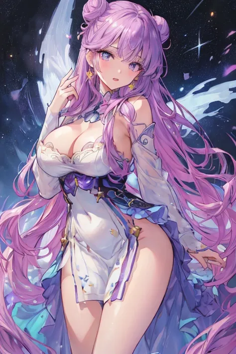 a highly detailed anatomically correct anime style portrait of a young woman, flowing purple hair that sparkles like stars in a night sky, beautiful detailed eyes, beautiful detailed nose, beautiful detailed lips, long eyelashes, shiny glossy hair styled i...