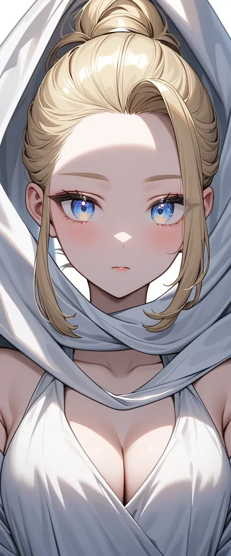 A goddess in very thin clothes　Divine decoration　Big iridescent eyes　Blonde　((Short Hair))　ponytail　Hair tied up high　Center part with bangs swept up　Pulling up bangs　forehead　((slicked back hair))　Forehead　An oversized dress made of fabric that crosses ov...