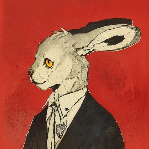 a close up of a coelho in a suit with a tie, anthropomorphic coelho, the white coelho, inspirado em Théophile Steinlen, retrato de um coelhinho, ralé_personagem, white coelho, coelho, Carlos Baudelaire, por Yuko Shimizu, ( ( derrotou Ngai ) ), inspirado em...