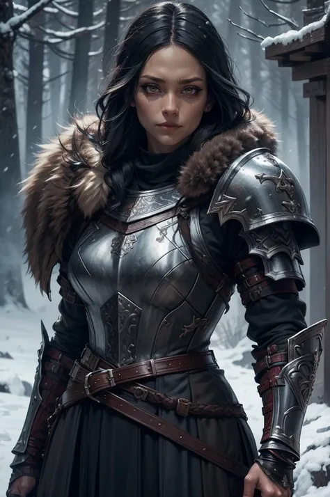 1girl, (warrior), winter clothes, (blood on face:0.8), (norse:1.1),intricate, fur, shoulder armor, , long hair, (eyeliner:1), wi...