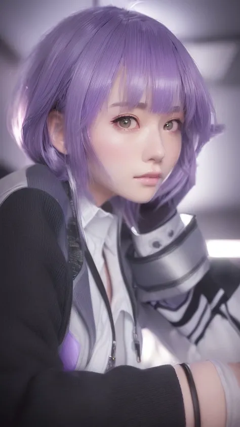 A girl with purple hair and a grey jacket, Realistic Anime 3D Style, Anime realism style, Realistic anime art style, Photorealistic Animation, Anime Girl Cosplay, Photorealistic Animation girl render, Realistic young anime girl, Anime portrait of Shiina Ri...