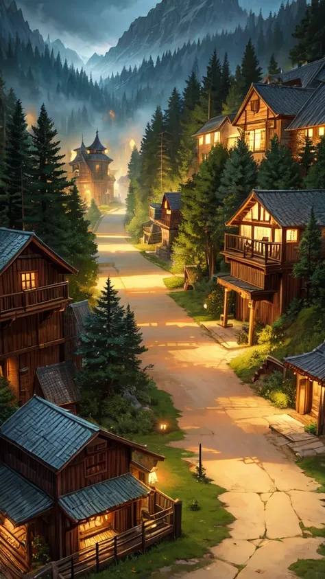 Tabletop role playing game map, A village surrounded by dense and mysterious forests, high quality, Incredible details and engaging atmosphere. Add dramatic lighting elements and shadows to increase the immersion of your scene. This road leads to a village