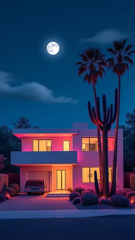 A house of modern architecture under a moonlit night. Cacti and palm trees in the front yard, illuminated by neon sign-like hues."
