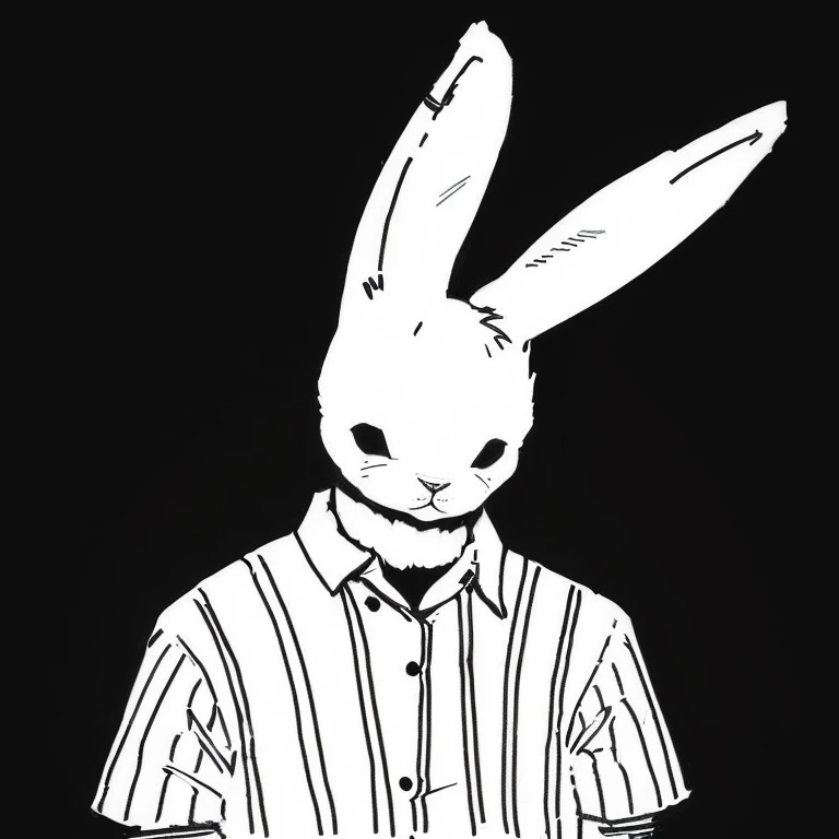 a drawing of a man with a rabbit mask on his head, anthropomorphic rabbit, with long floppy bunny ears, with big bunny ears, bunny ears, inspired by Junji Ito, just a rabbit face, long bunny ears, inspired by Kanbun Master, droopy bunny ears, donnie darko,...