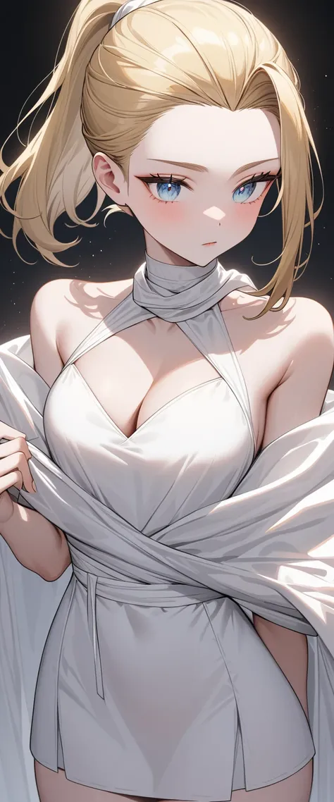 A goddess in very thin clothes　Divine decoration　Big iridescent eyes　Blonde　((Short Hair))　ponytail　Hair tied up high　Center part with bangs swept up　Pulling up bangs　forehead　((slicked back hair))　Forehead　An oversized dress made of fabric that crosses ov...