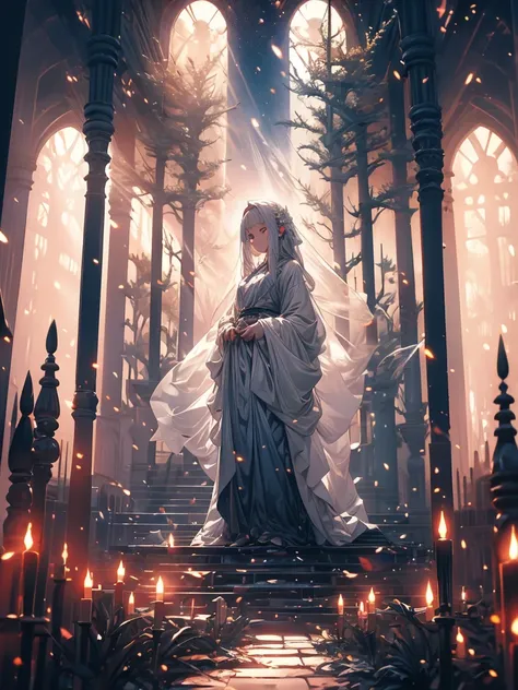 Beautiful girl in a transparent gray robe standing in a dark forest, Magnificent style, Octane Rendering, Desert Composition, Beautiful Face, Surreal, Oil on canvas, Awards, artwork, Art Station Trends, Studio Ghibli, Close-up of a girl