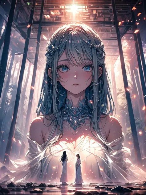 Beautiful girl in a transparent gray robe standing in a dark forest, Magnificent style, Octane Rendering, Desert Composition, Beautiful Face, Surreal, Oil on canvas, Awards, artwork, Art Station Trends, Studio Ghibli, Close-up of a girl