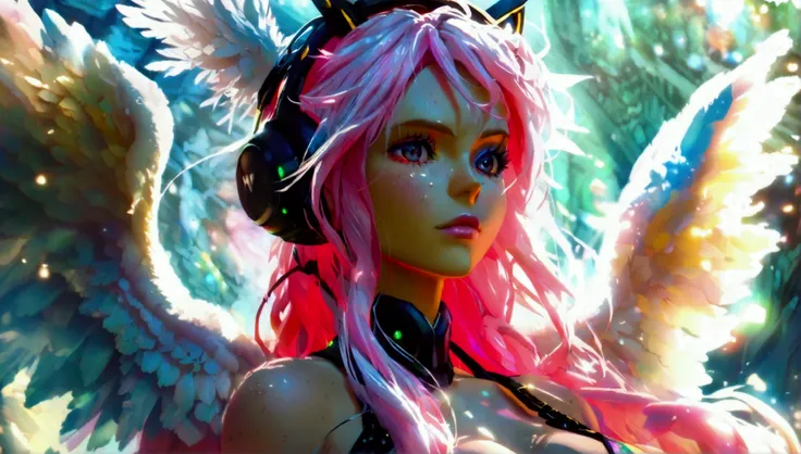 Strong woman of medium build, long pink almost white hair with white angel wings, wears clothes that mix strength and intelligence, fitness and nerd fashion, her head accessory is a black headset with lights that can change color, her face reflects determi...