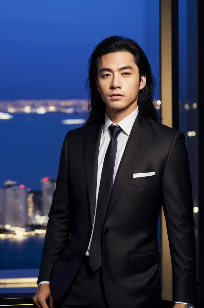 (absurdres, highres, ultra detailed, realistic, ),  male, solo, teen, mature, short  guy, Small   shoulders, , very long hair, black hair, brown eyes, angular jaw, thick neck, thick eyebrows, night, dark, the night view of the city background, formal suit,...