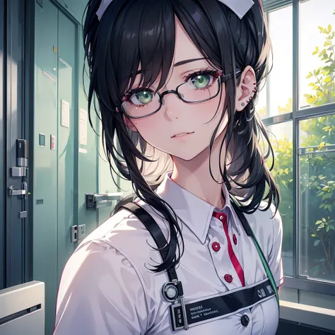 A beautiful, detailed anime-style portrait of a mischievous-looking young nurse, She is wearing a nurses uniform but no hat, and has a pair of glasses perched on her face, standing in a bright hospital hallway, viewed from a low angle. She has long, wavy b...