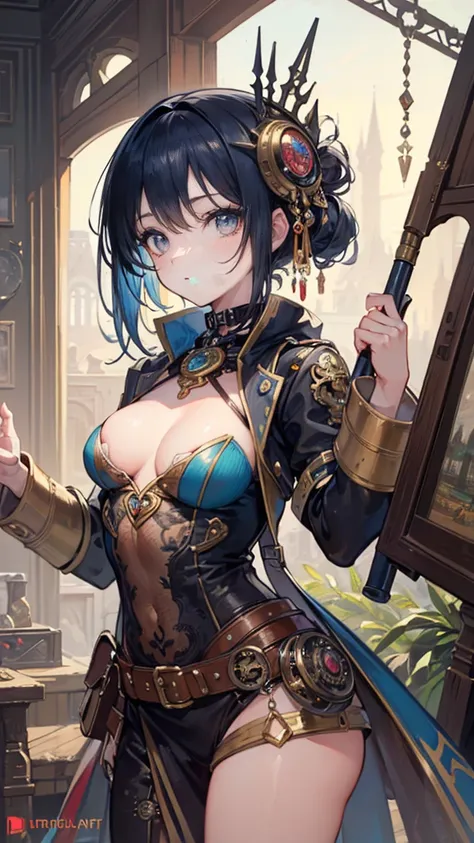 ((Best masterpiece, Perfect quality, Ultra detailed)), ((Steampunk, Fantasy, Retro)), A girl with small bust, With a face mask