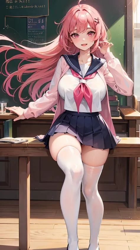 Nsfw, 1girl, huge tits, pink hair, pink eyes, smile, in the classroom,school uniform, sailor suit,over knee socks,best quality, high quality, masterpiece 