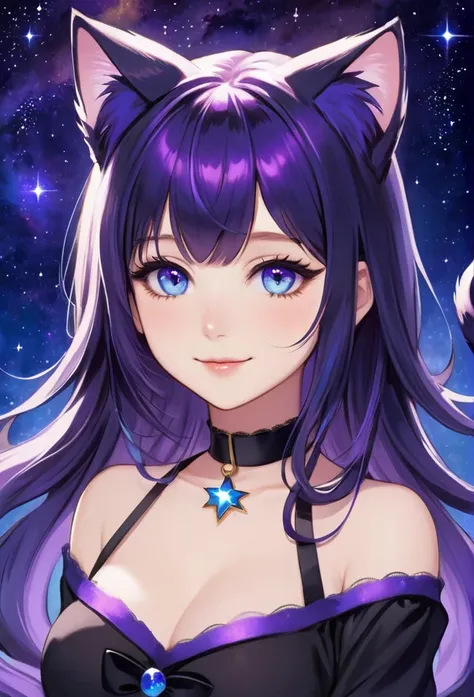 1girl, cat ears, purple cat tail, long hair, bangs, purple hair, gorgeous blue eyes, eyeliner, long lashes, soft smile, collar, black top, breasts, starry background