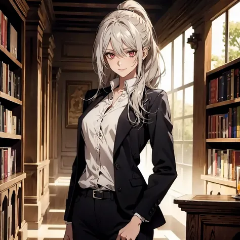 (Confused, High resolution, Very detailed), 1 female, Silver Hair,Long Hair,Crimson Eyes,Jackets and blouses,skinny pants,secretary,Low Ponytail,25th generation,Beautiful woman,mature,thin,quiet,Calm,Small breasts,A small smile,library