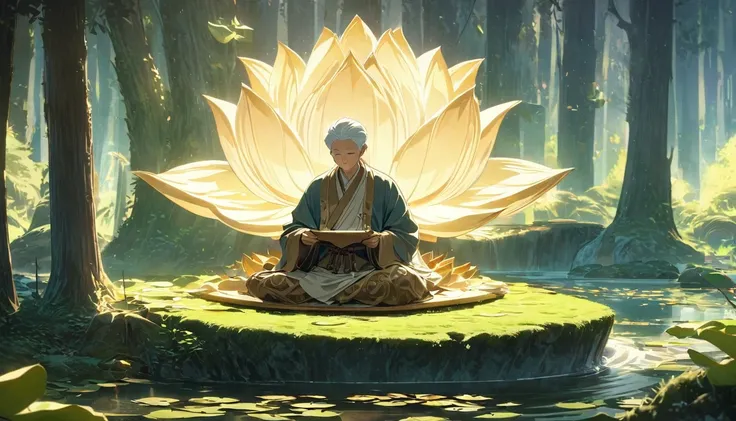 Sensible, Elderly Taoist monk sitting in lotus position, Suspended on a mossy stone，Surrounded by a floating lotus, In an old forest with dense leaves, The cyan robe has golden cloud patterns on it., Ancient calligraphic symbols swirl around him, A circle ...