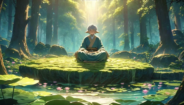 Sensible, Elderly Taoist monk sitting in lotus position, Suspended on a mossy stone，Surrounded by a floating lotus, In an old forest with dense leaves, The cyan robe has golden cloud patterns on it., Ancient calligraphic symbols swirl around him, A circle ...