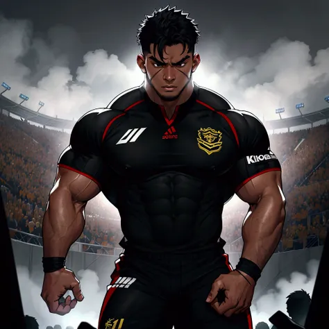 masterpiece, best quality, 8K, HDR,, Muscular rugby player strikes a pose on the field, a formidable 21-year-old. His powerful physique is highlighted by a sleek black uniform, while his short black hair and intense black eyes give him a formidable presenc...