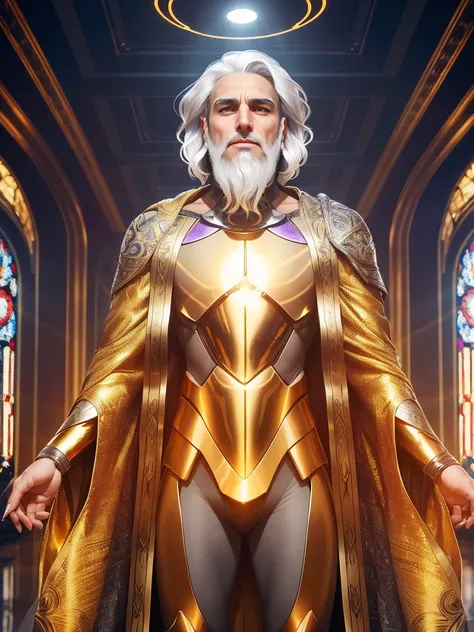 (((Young man))) ,(((A lanky man with silver-white hair, Short, a week ago, gray beard and skin, glowing with a faint golden glow))); ((long purple robe embroidered with silver)); standing; ((Traditional Catholic style)); Ultra-realistic skin, face ultrarea...