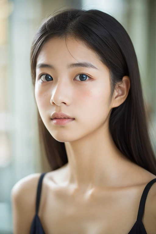 lens: 135mm f1.8, (Highest quality), (Beautiful 14 year old Japanese girl), (Moisturized lips), Narrow eyes, double eyelid, Delicate clavicle, Flat Chest , I&#39;Ashamed of my smallness, underdeveloped udder, smile, (Spotted sunlight: 1.2), Professional Li...