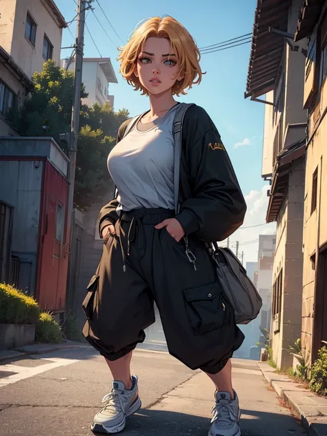 a badass girl, short hair, baggy clothes, sneakers, natural lighting, golden hour, beautiful detailed eyes, beautiful detailed lips, extremely detailed face, long eyelashes, dynamic pose, adventurous, cinematic, (best quality,4k,8k,highres,masterpiece:1.2)...