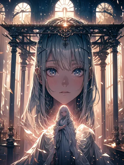 Beautiful girl in a transparent gray robe standing in a dark forest, Magnificent style, Octane Rendering, Desert Composition, Beautiful Face, Surreal, Oil on canvas, Awards, artwork, Art Station Trends, Studio Ghibli, Close-up of a girl