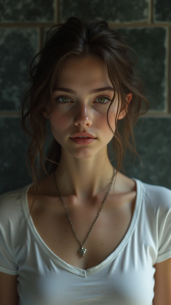 (masterpiece, photorealistic:1.4, extremely intricate:1.3, radiosity, photon mapping, dtx, 8k), ((((closeup necklace, white t-sh...