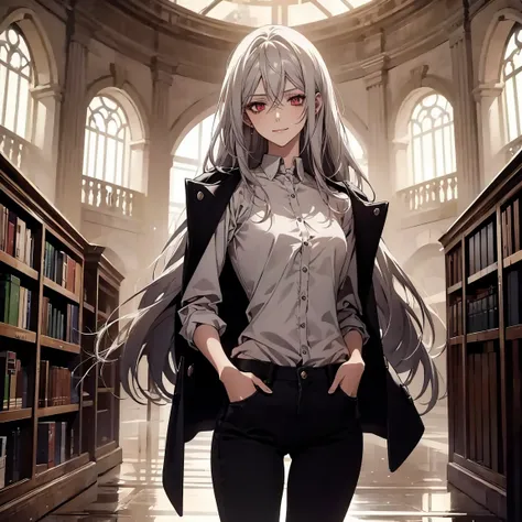 (Confused, High resolution, Very detailed), 1 female, Silver Hair,Long Hair,Crimson Eyes,Jackets and blouses,skinny pants,secretary,Low Tail,25th generation,Beautiful woman,mature,thin,quiet,Calm,Small breasts,A small smile,library