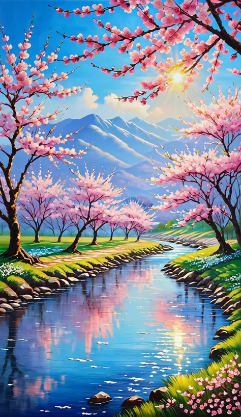 oil painting, cherry blossoms, sky (blue), flowers (pink), natural scenery, fresh and clean, cherry blossom tree, stream, spring...