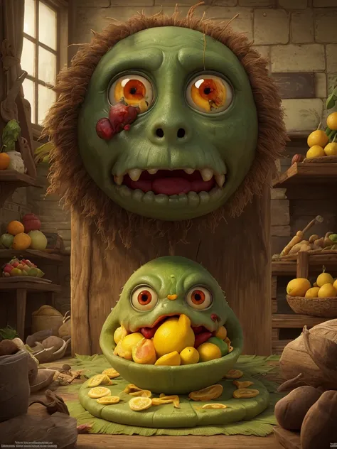 Lemon as rotten zombie omelette zombie  eyes cherry parrot horror breakfast horror, vegetables scary, hieronymus bosch, seb mckinnon, ivan shishkin