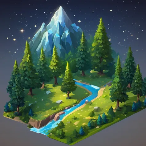 ((masterpiece, best quality)), absurdres, Isometric_Setting, woods, forest, river banks and road trails, grassfield, space and stars background
