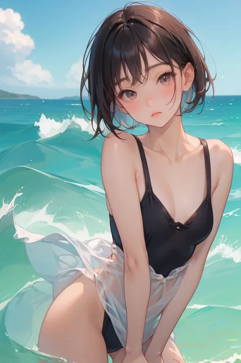 highest quality、realistic、Japanese、girl、zoom、look up、cute、brown eyes、very short hair、boyish、black hair、all back、The forehead is out、Ocean、light blue swimsuit、joy、close up face、slender、small breasts