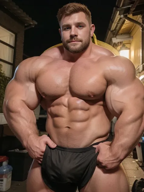 dark blond, European, Felipe, ripping chest, lean but ripped, Solo, male, muscular, giant, enormous, buff, strong, massive biceps, massive pecs, (human:1.7), massive bulge, by darkgem, by mystikfox61, by glitter trap boy, alleyway