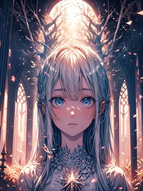 Beautiful girl in a transparent gray robe standing in a dark forest, Magnificent style, Octane Rendering, Desert Composition, Beautiful Face, Detailed face, Surreal, Oil on canvas, Awards, artwork, Art Station Trends, Studio Ghibli, Close-up of a girl