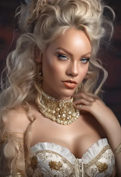 arafed woman in a corset and stockings posing for a picture, rococo queen, in high renaissance style, rihanna behind UHD, non-rococo style dress, golden corset, beautiful maiden, blonde goddess, baroness style, beautiful maiden de fantasia, beautfull woman...